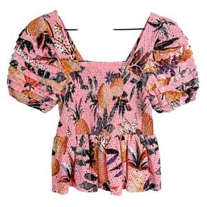 Farm Rio Smocked Eyelet Blouse Puff Sleeve Pink Pineapples - M